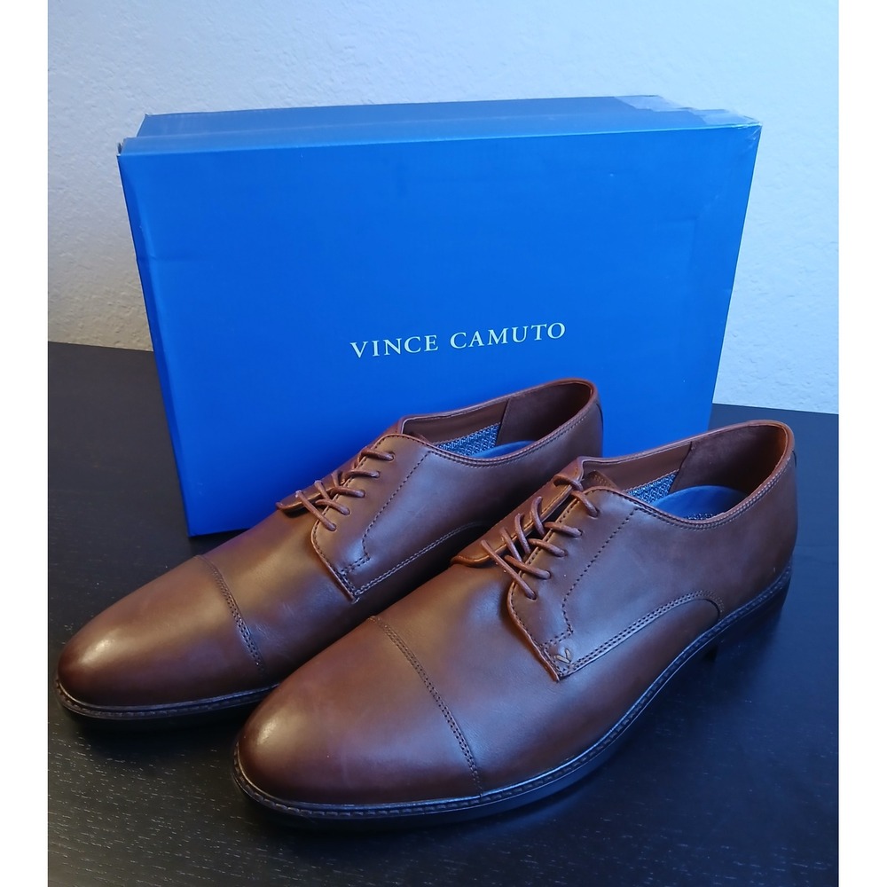 Vince Camuto Mens Teodor Cognac Brown Leather Cap Toe Oxford Shoes 12M VY-TEODOR